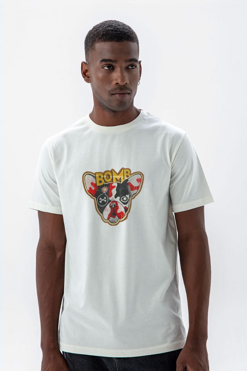 Off White Soft Fabric Bomb Design Short Sleeve Tee