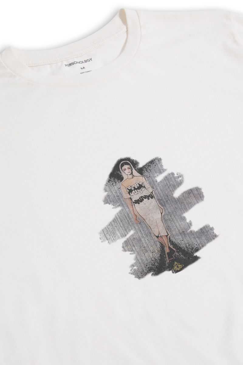 Off White Soft Fabric Girl Design Short Sleeve Tee