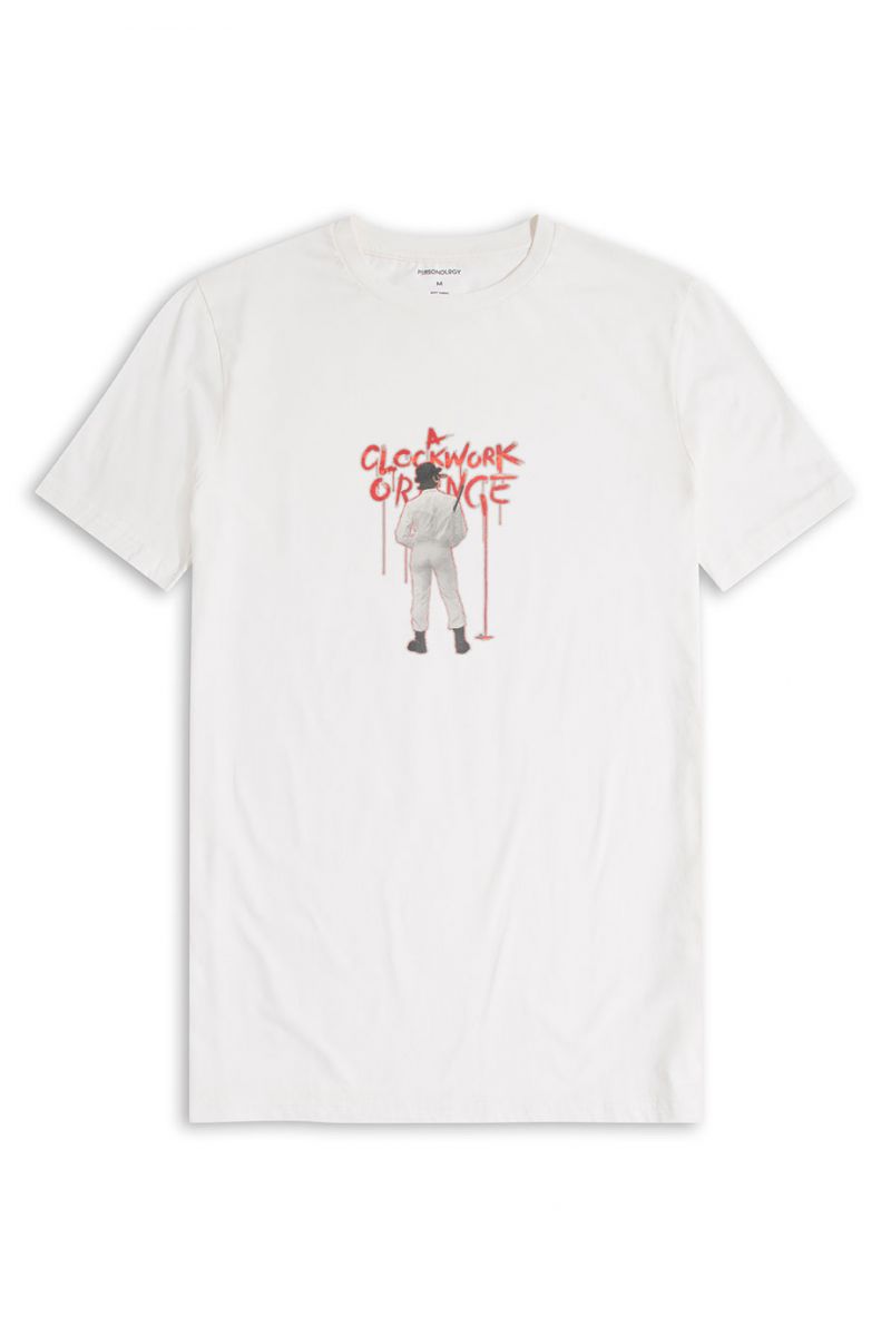 Off White Soft Fabric Clockwork Orange Design Short Sleeve Tee