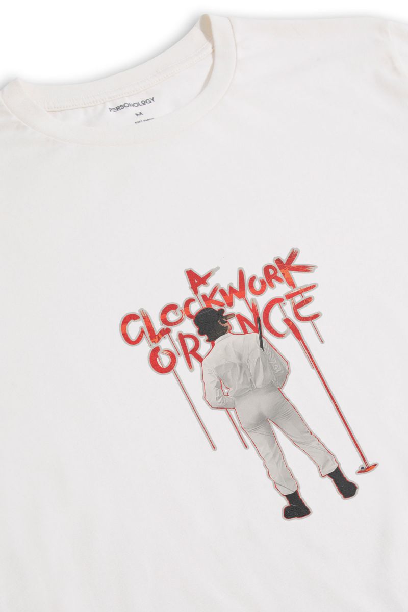 Off White Soft Fabric Clockwork Orange Design Short Sleeve Tee