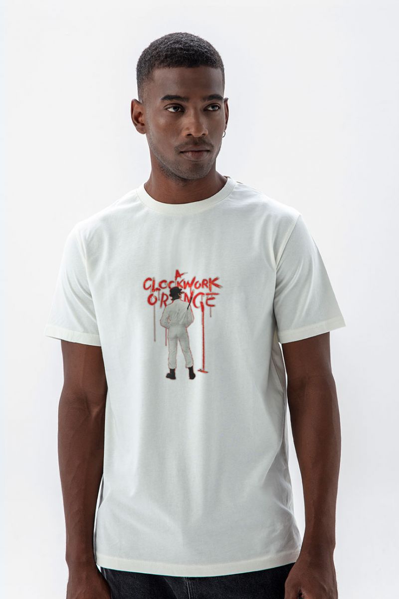 Off White Soft Fabric Clockwork Orange Design Short Sleeve Tee