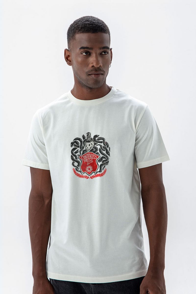 Off White Soft Fabric Skull Design Short Sleeve Tee