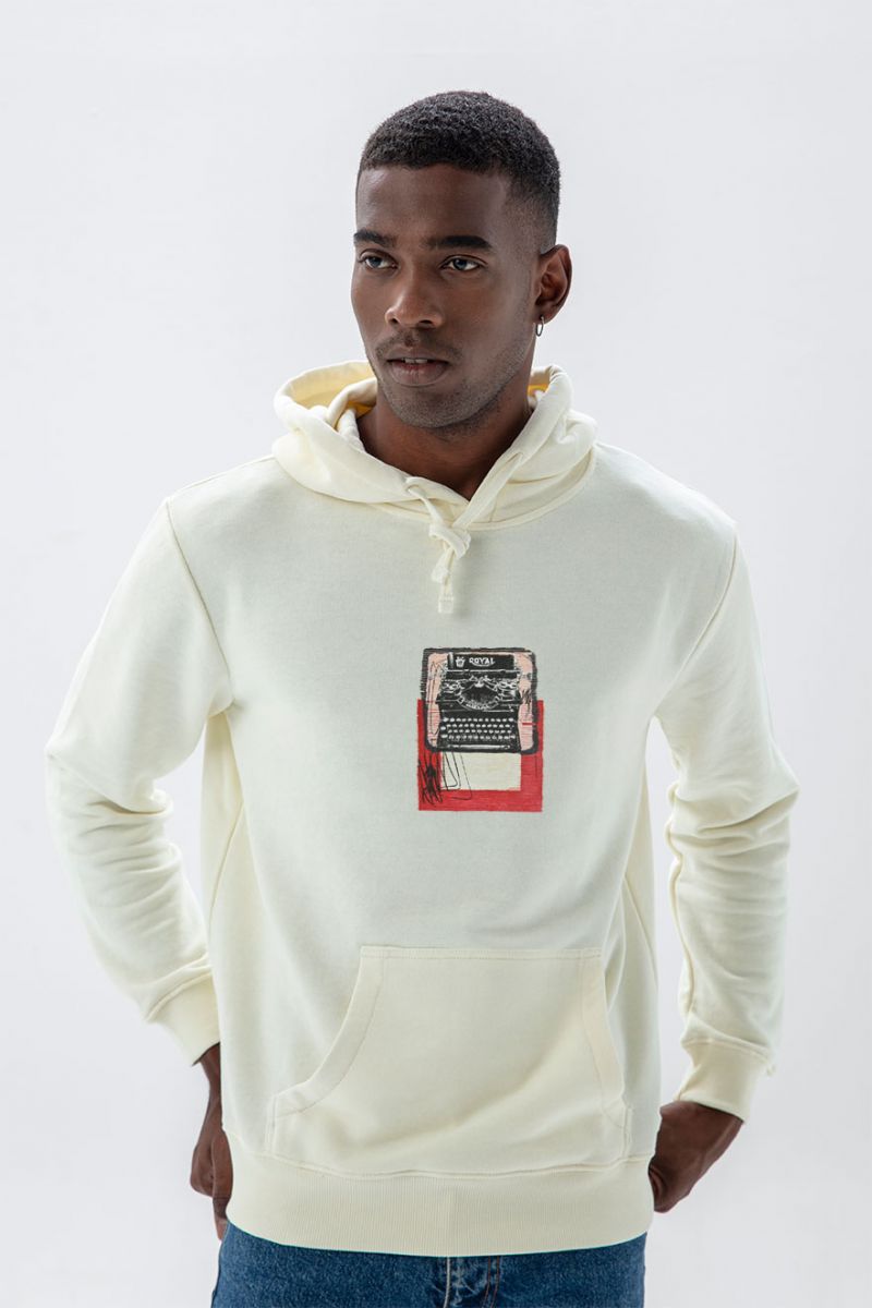 Ecru Premium Cotton Typewriter Design Pullover Hoodie