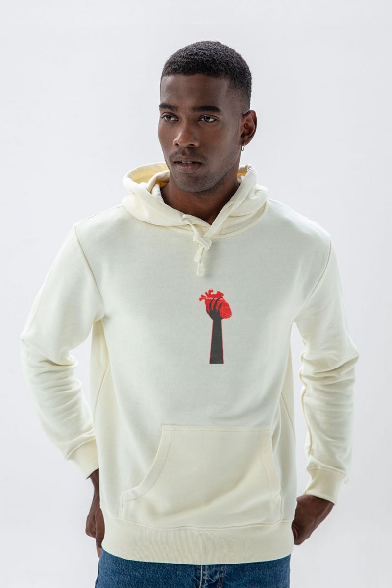 Ecru Premium Cotton Heart in Hand Design Pullover Hoodie