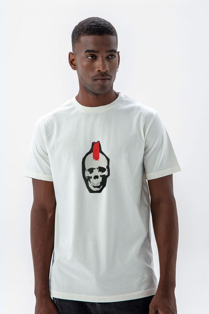 Off White Soft Fabric Skull Design Short Sleeve Tee