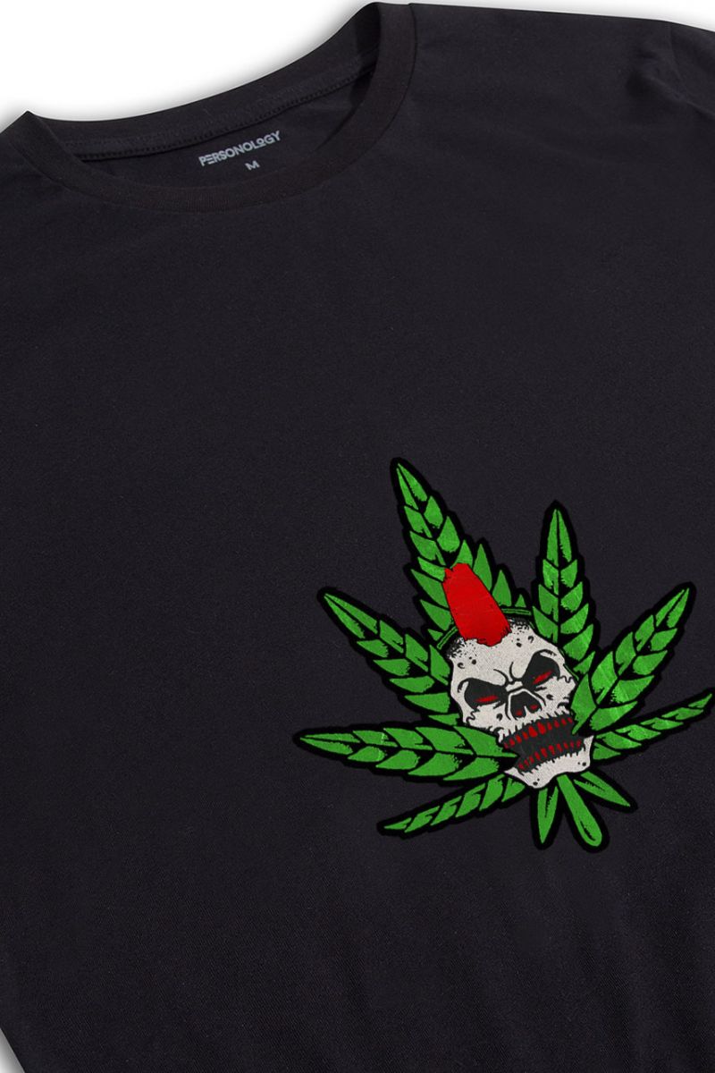 Black Soft Fabric Cannabis Design Short Sleeve Tee