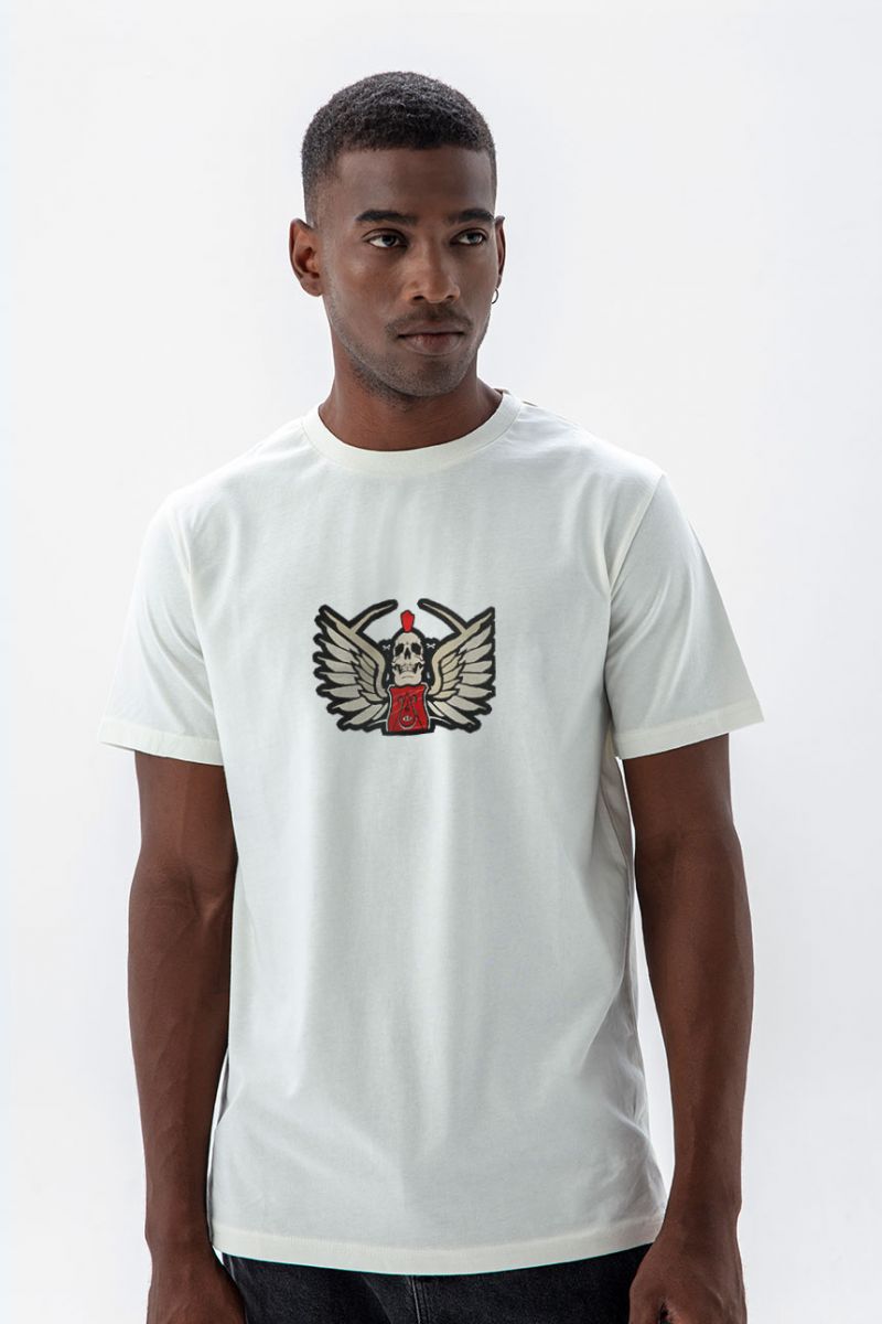 Off White Soft Fabric Skull Design Short Sleeve Tee