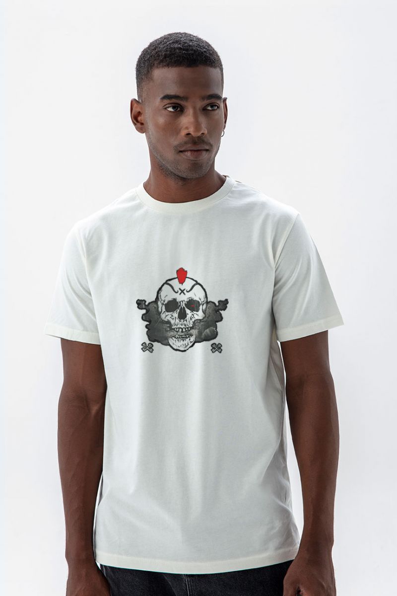 Off White Soft Fabric Skull Design Short Sleeve Tee