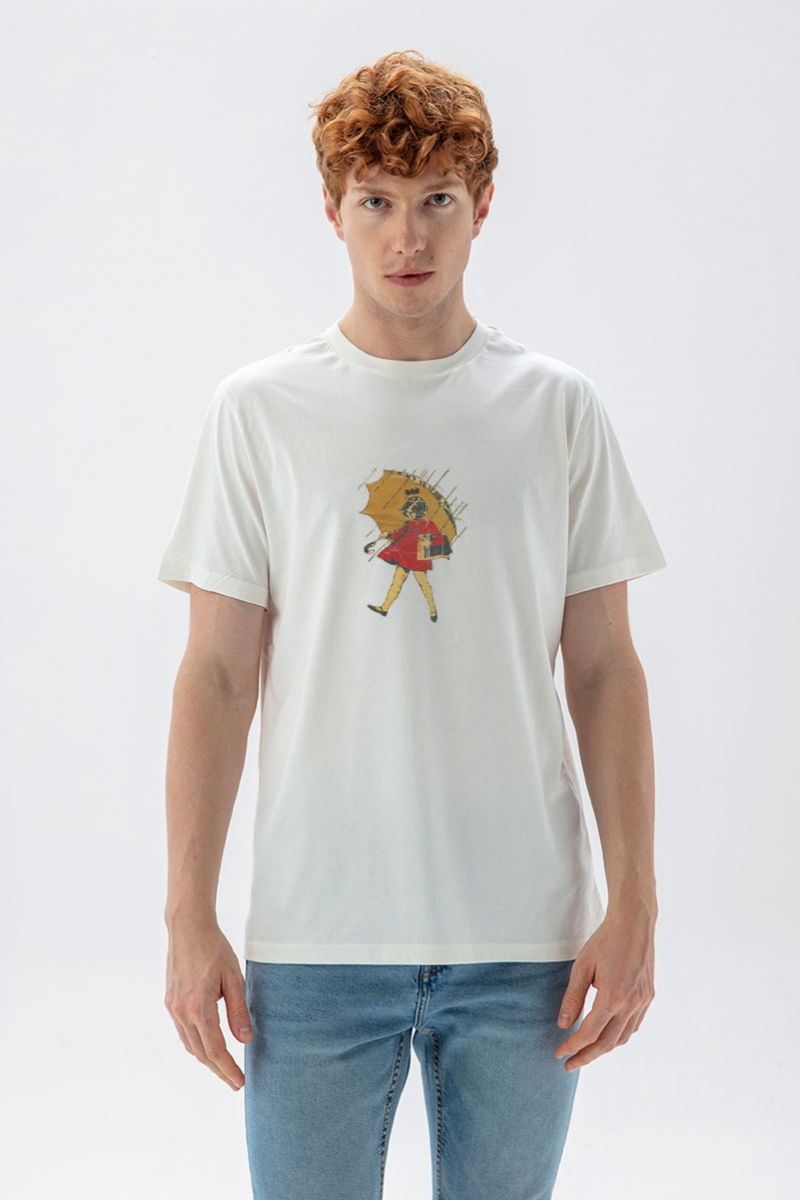 Off White Soft Fabric Girl Design Short Sleeve Tee