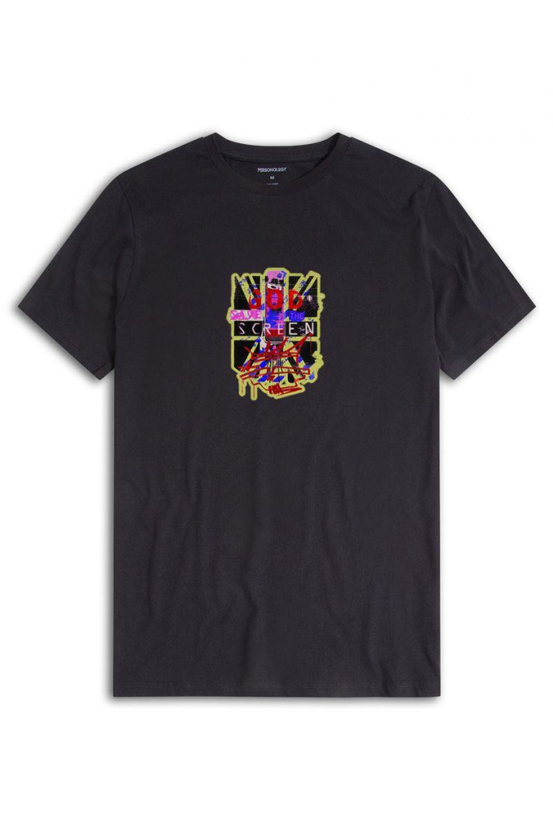 Black Soft Fabric God Save The Screen Design Short Sleeve Tee