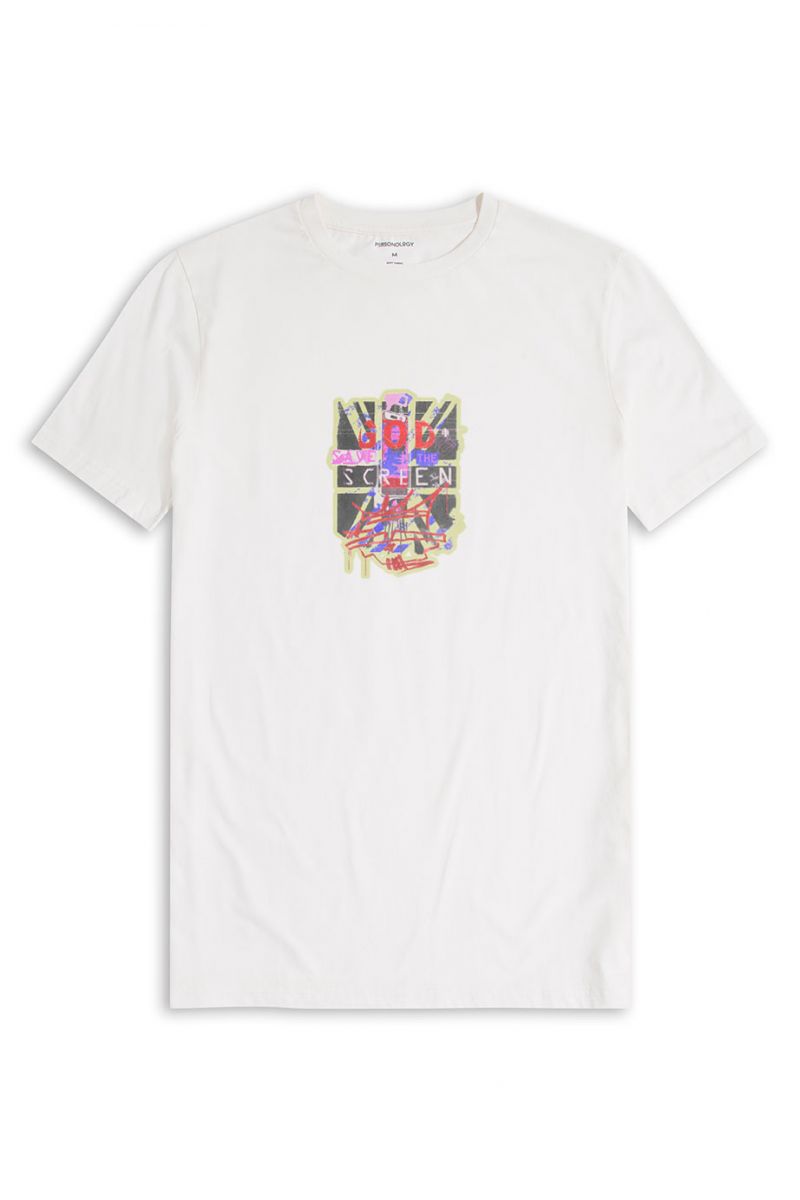 Off White Soft Fabric God Save The Screen Design Short Sleeve Tee