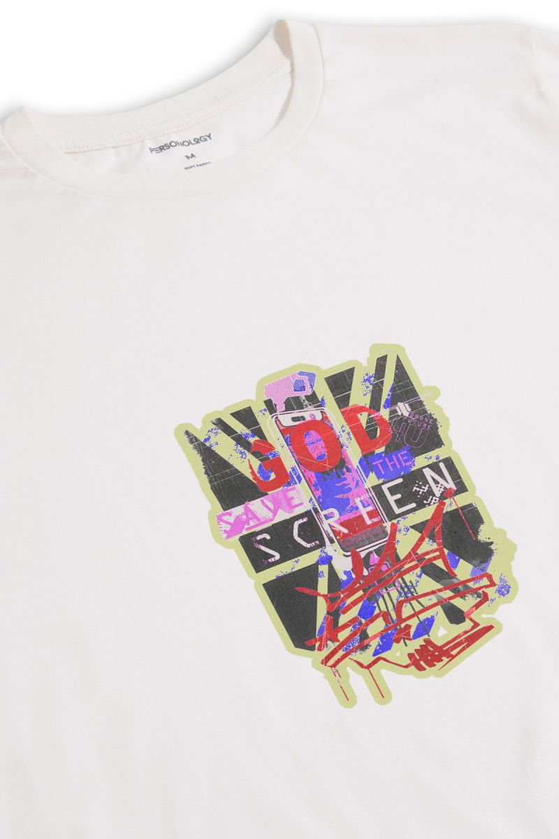 Off White Soft Fabric God Save The Screen Design Short Sleeve Tee