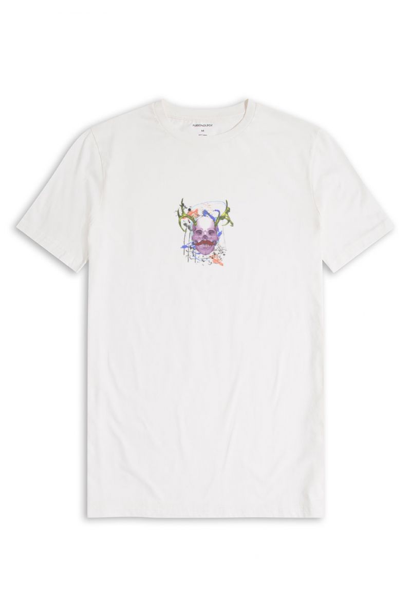 Off White Soft Fabric Skull Design Short Sleeve Tee