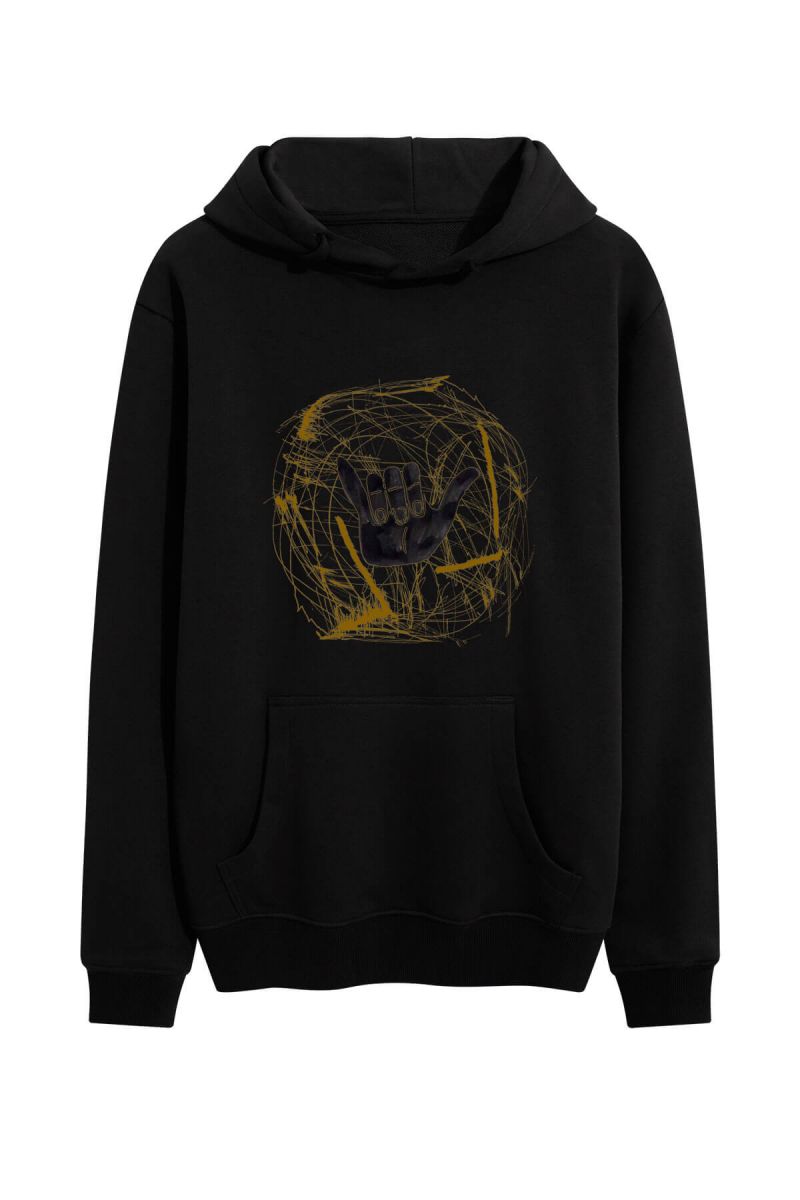 Black Premium Cotton Hand Design Pullover Hoodie