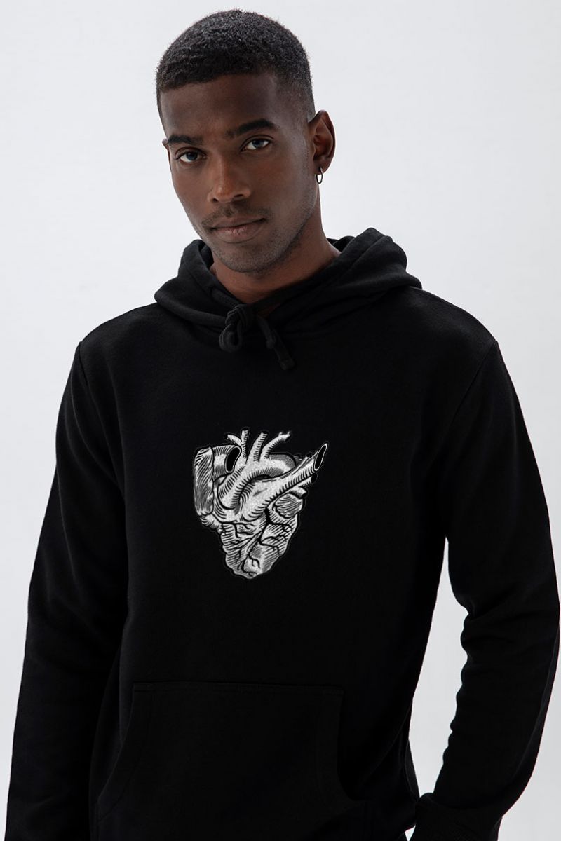Black Premium Cotton Heart Design Pullover Hoodie