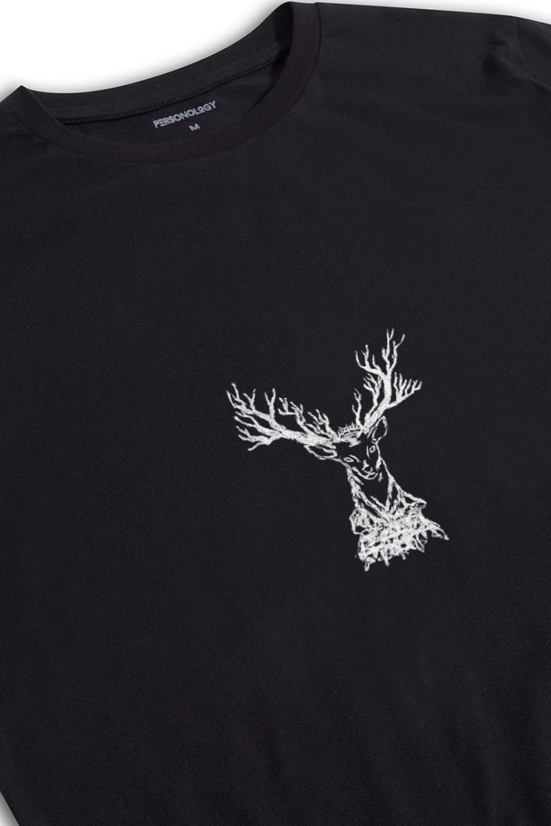 Black Soft Fabric Moose Design Short Sleeve Tee