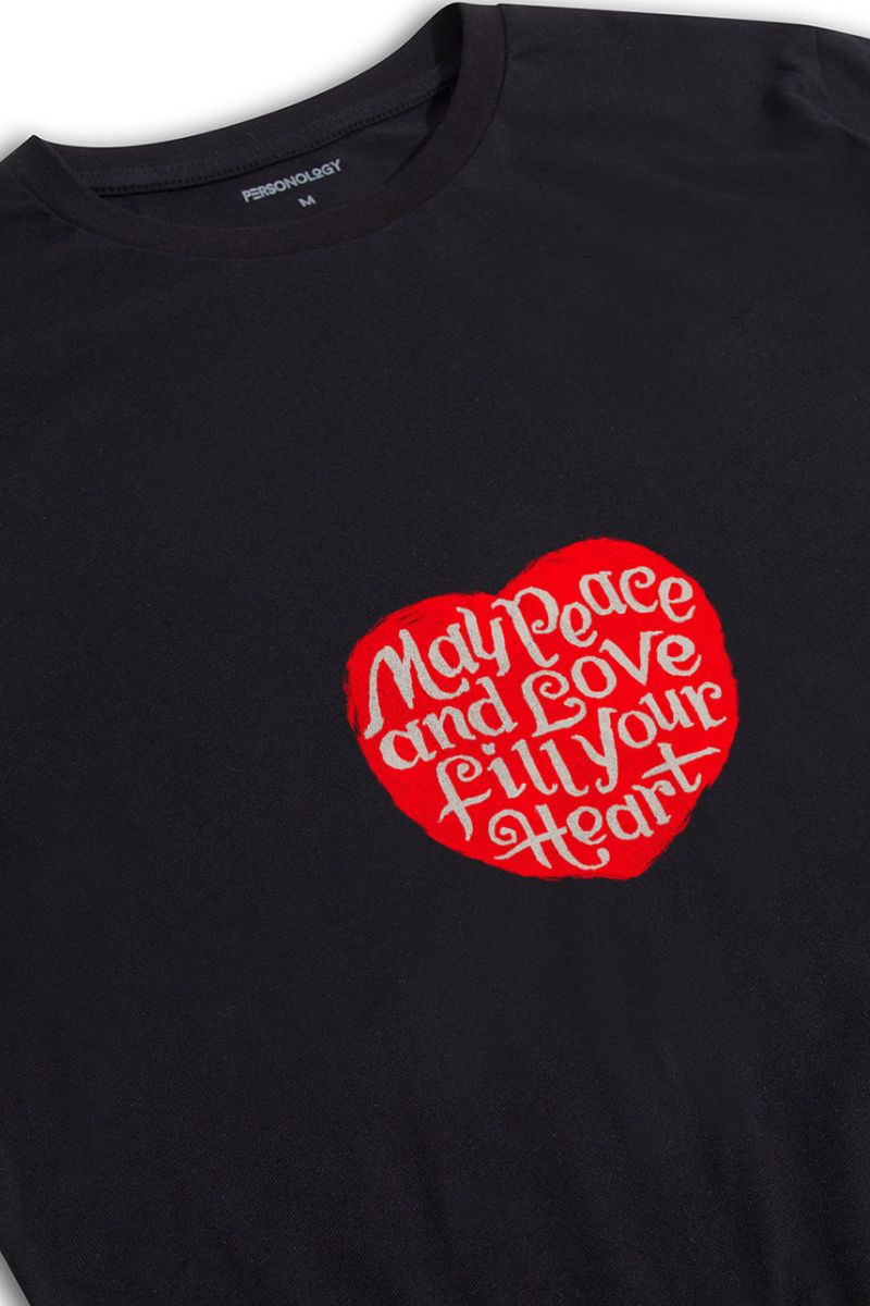 Black Soft Fabric Peace and Love Design Short Sleeve Tee