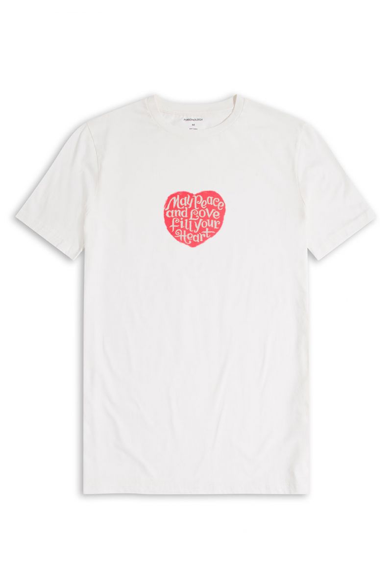 Off White Soft Fabric Peace and Love Design Short Sleeve Tee