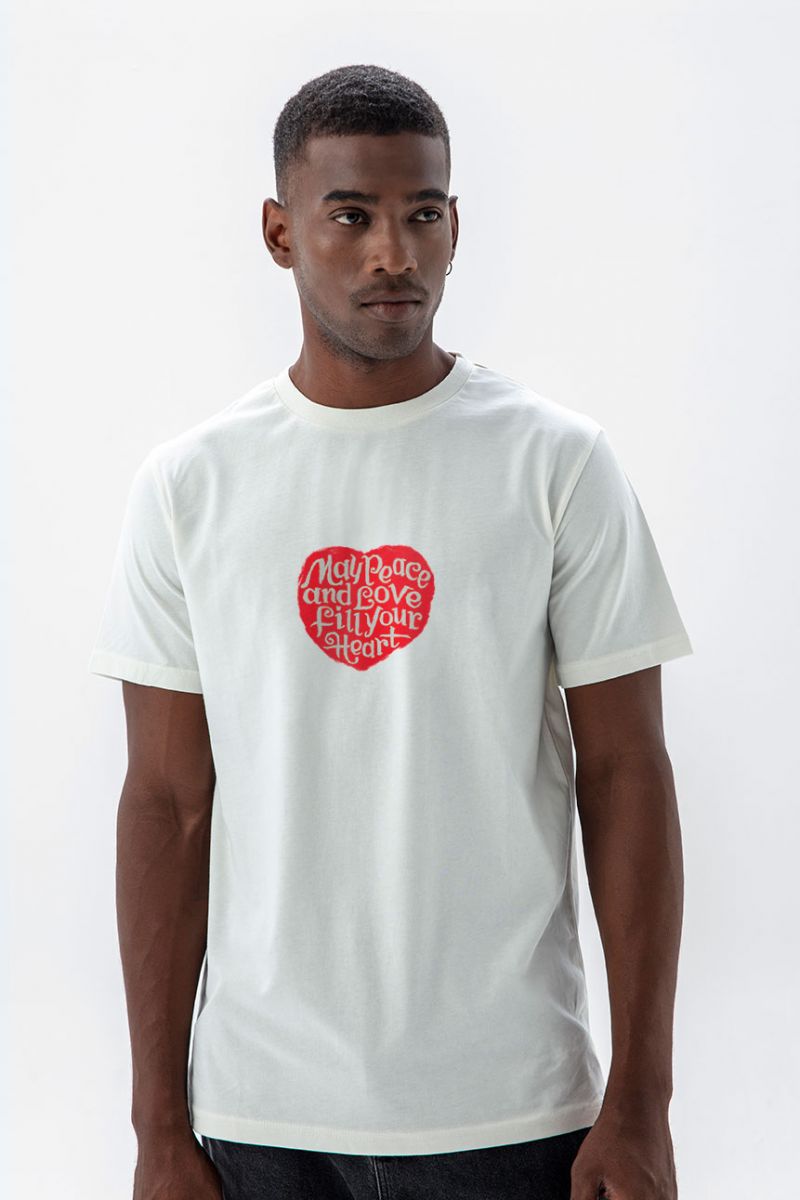 Off White Soft Fabric Peace and Love Design Short Sleeve Tee