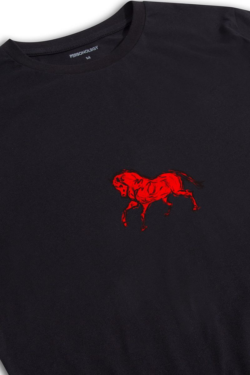 Black Soft Fabric Horse Design Short Sleeve Tee