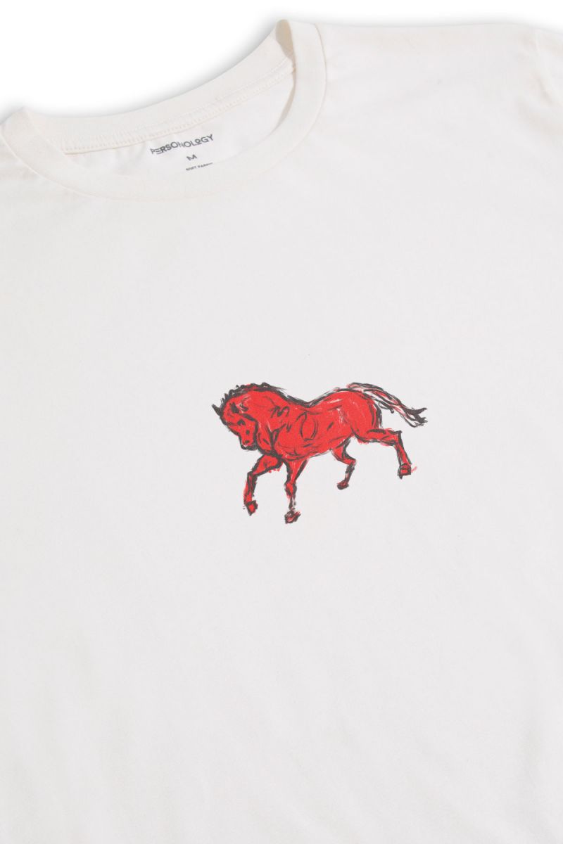 Off White Soft Fabric Horse Design Short Sleeve Tee