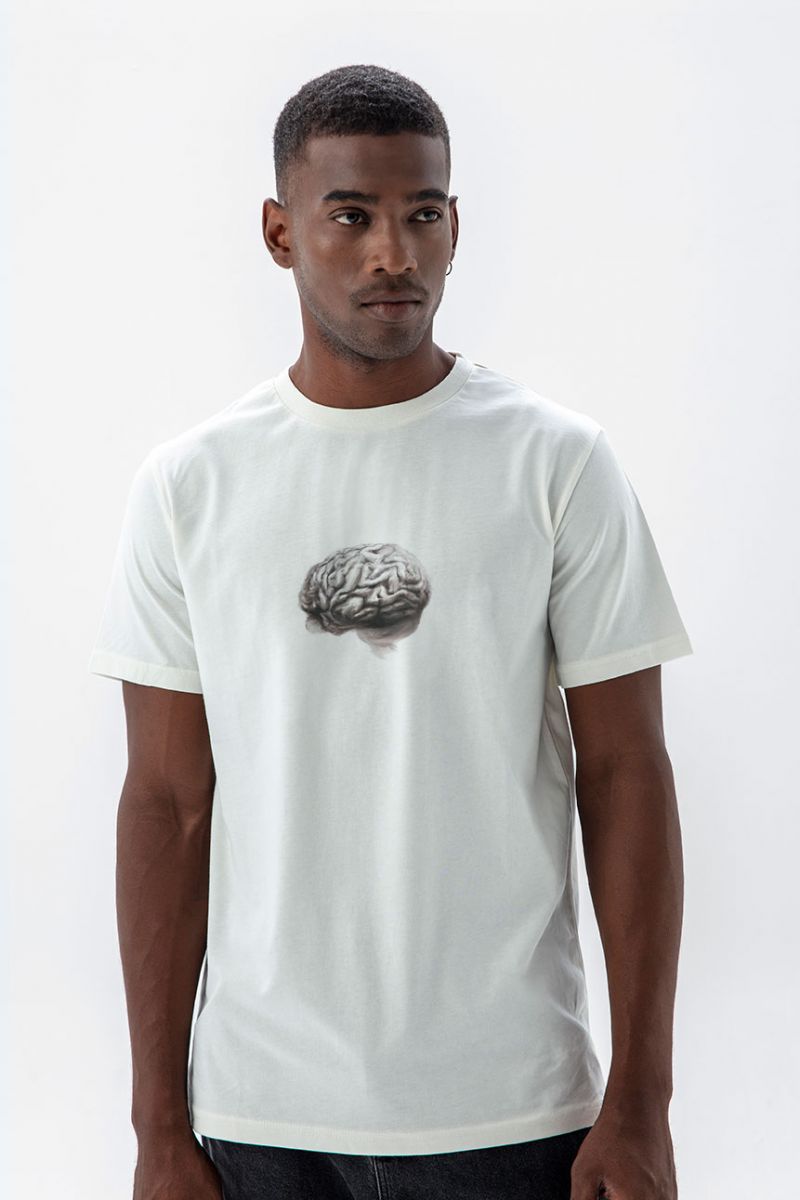 Off White Soft Fabric Brain Design Short Sleeve Tee