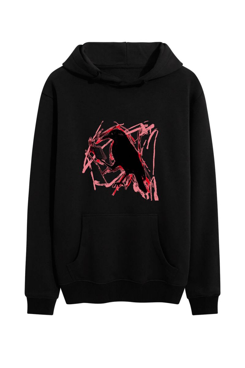 Black Premium Cotton Bird Design Pullover Hoodie