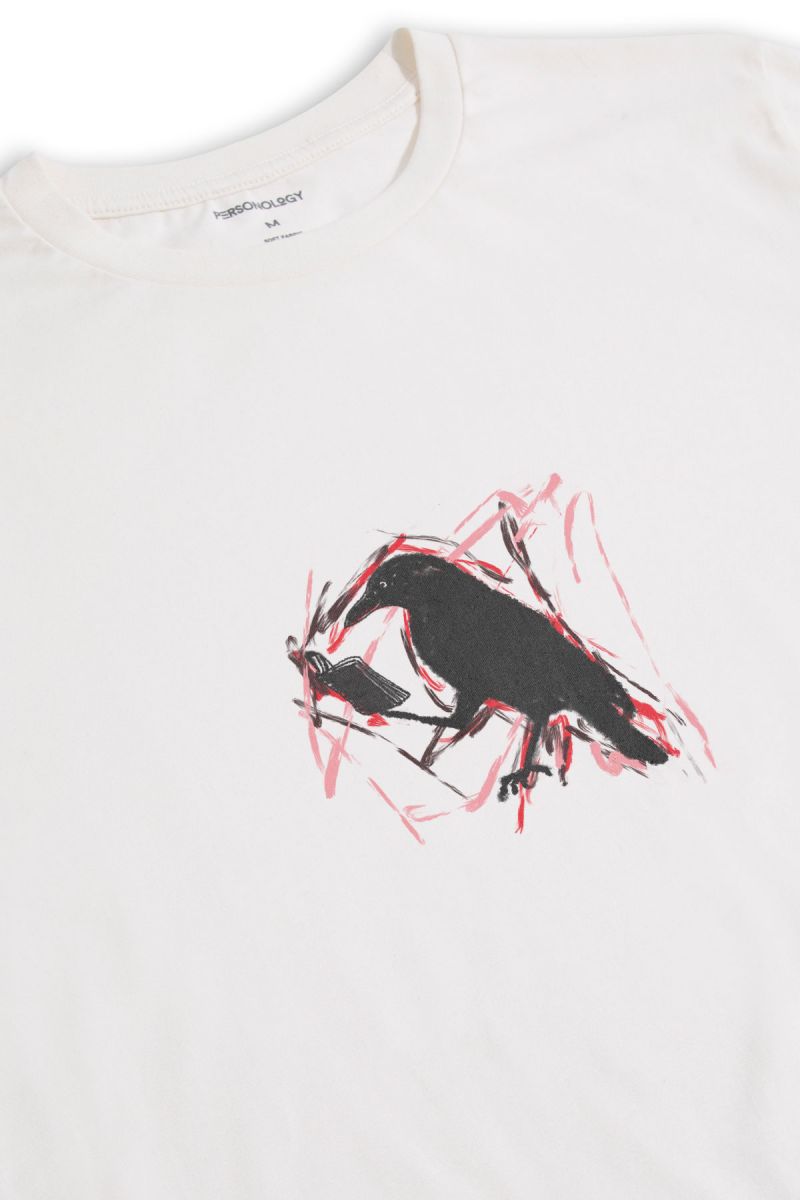 Off White Soft Fabric Bird Design Short Sleeve Tee