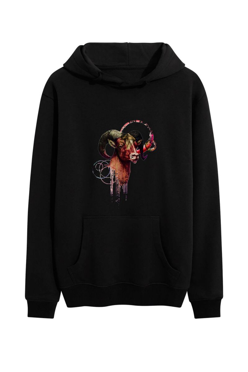 Black Premium Cotton Ram Design Pullover Hoodie