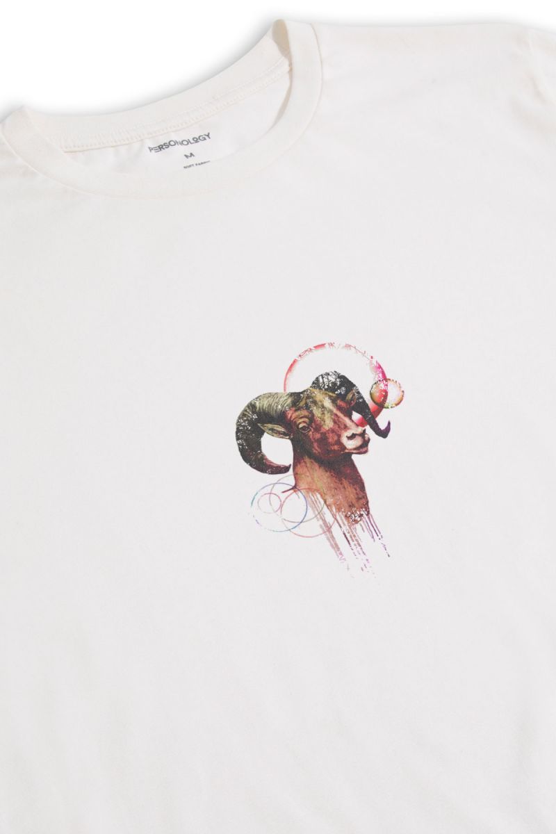 Off White Soft Fabric Ram Design Short Sleeve Tee