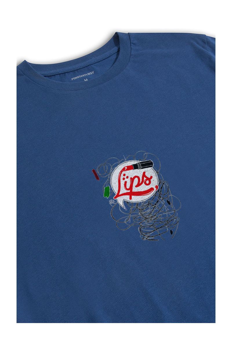 Navy Soft Fabric Lips Design Short Sleeve Tee