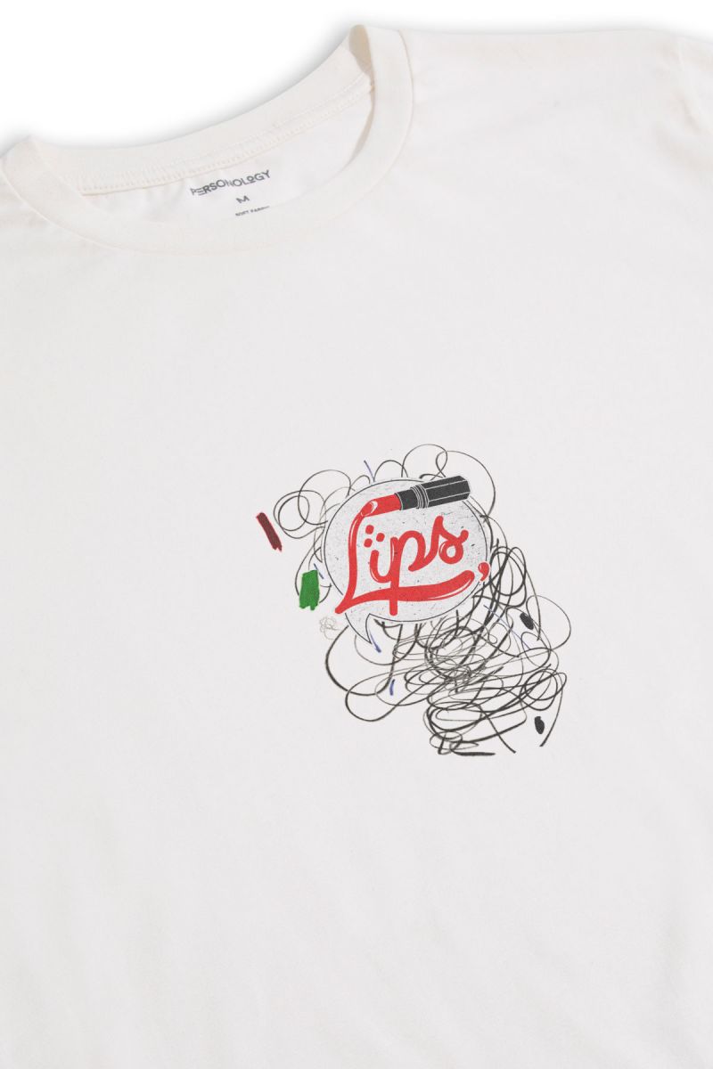 Off White Soft Fabric Lips Design Short Sleeve Tee