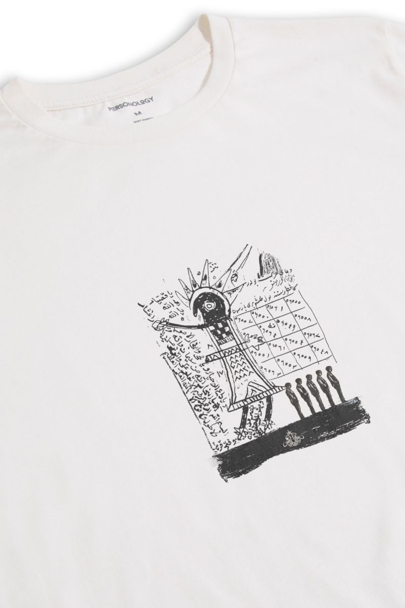 Off White Soft Fabric Theology Design Short Sleeve Tee