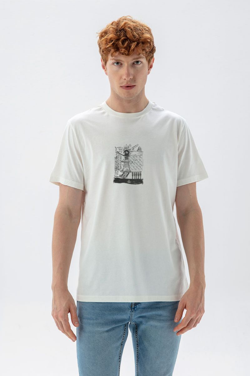 Off White Soft Fabric Theology Design Short Sleeve Tee