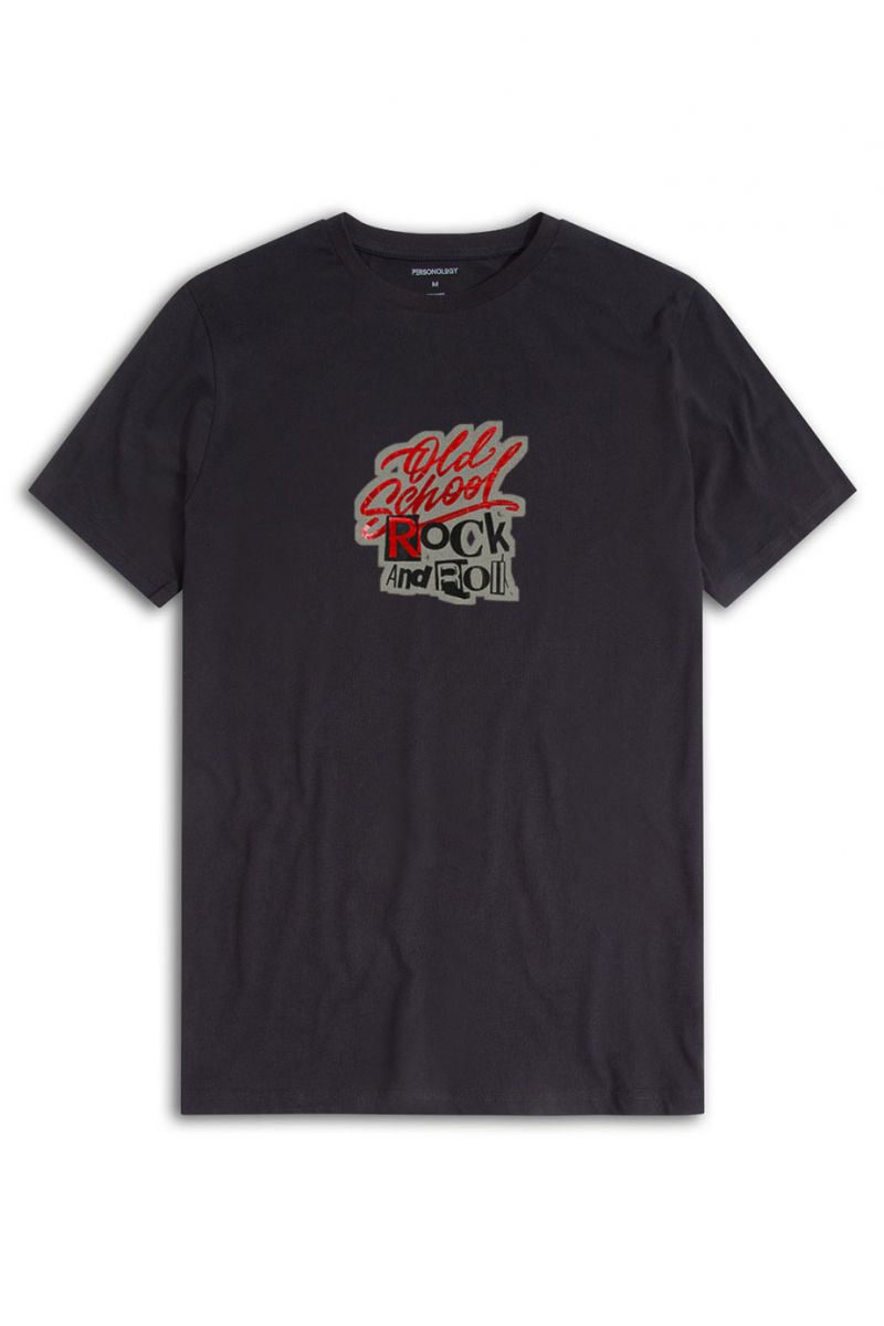 Black Soft Fabric Old school Rock and Roll Design Short Sleeve Tee