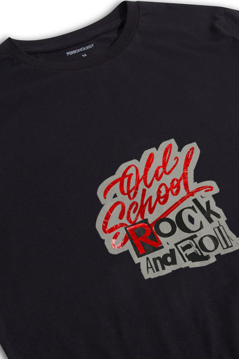 Black Soft Fabric Old school Rock and Roll Design Short Sleeve Tee