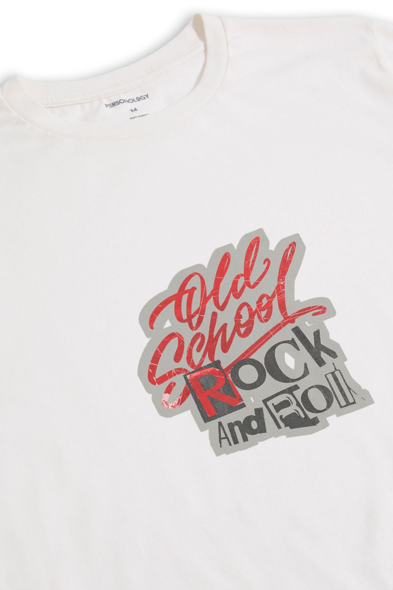 Off White Soft Fabric Old school Rock and Roll Design Short Sleeve Tee