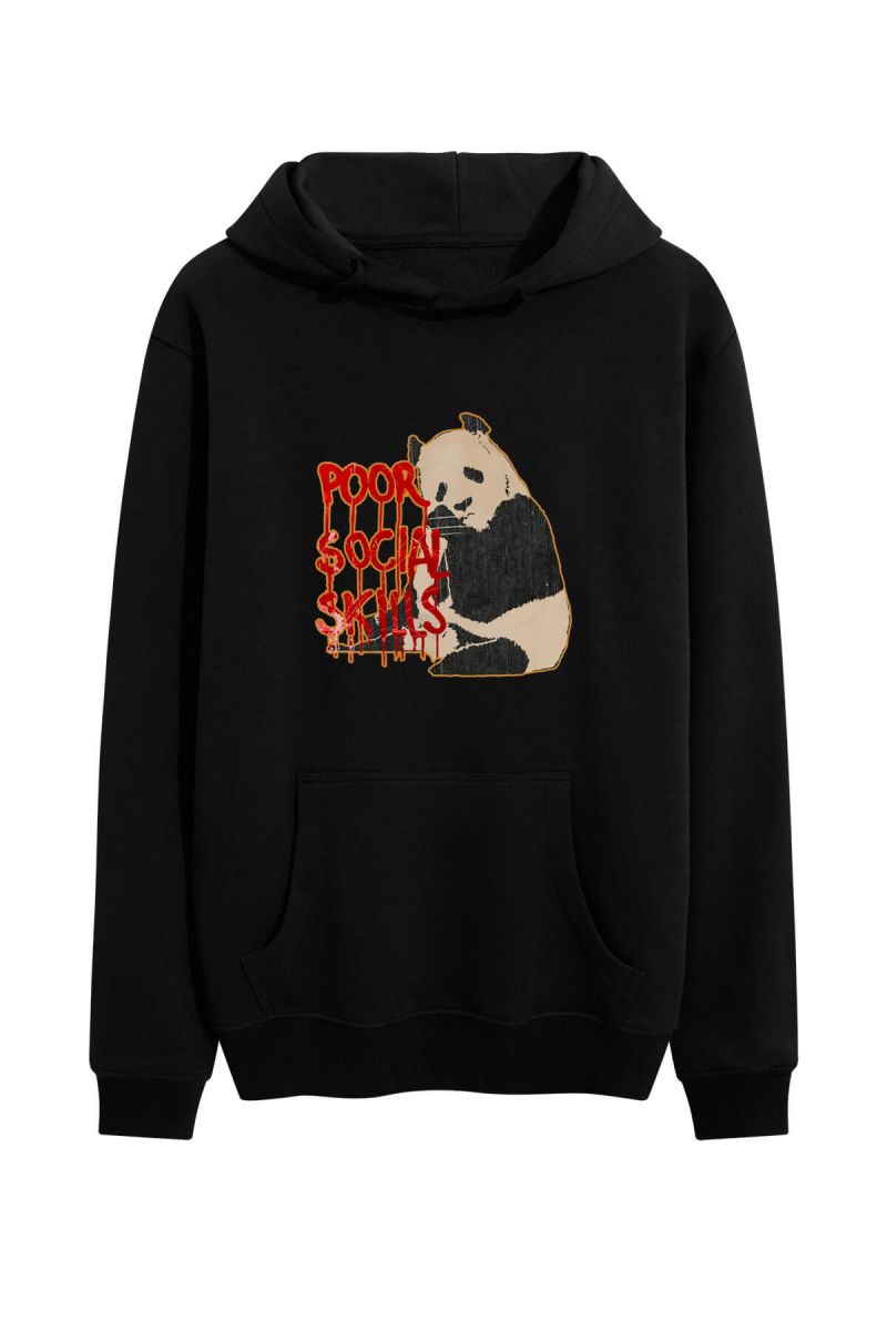 Black Premium Cotton Panda Design Pullover Hoodie