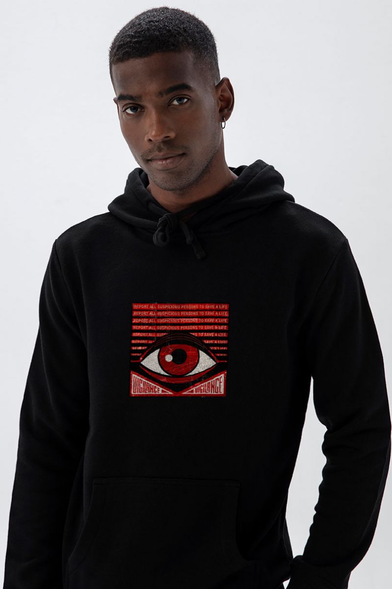 Black Premium Cotton Uigilance Design Pullover Hoodie