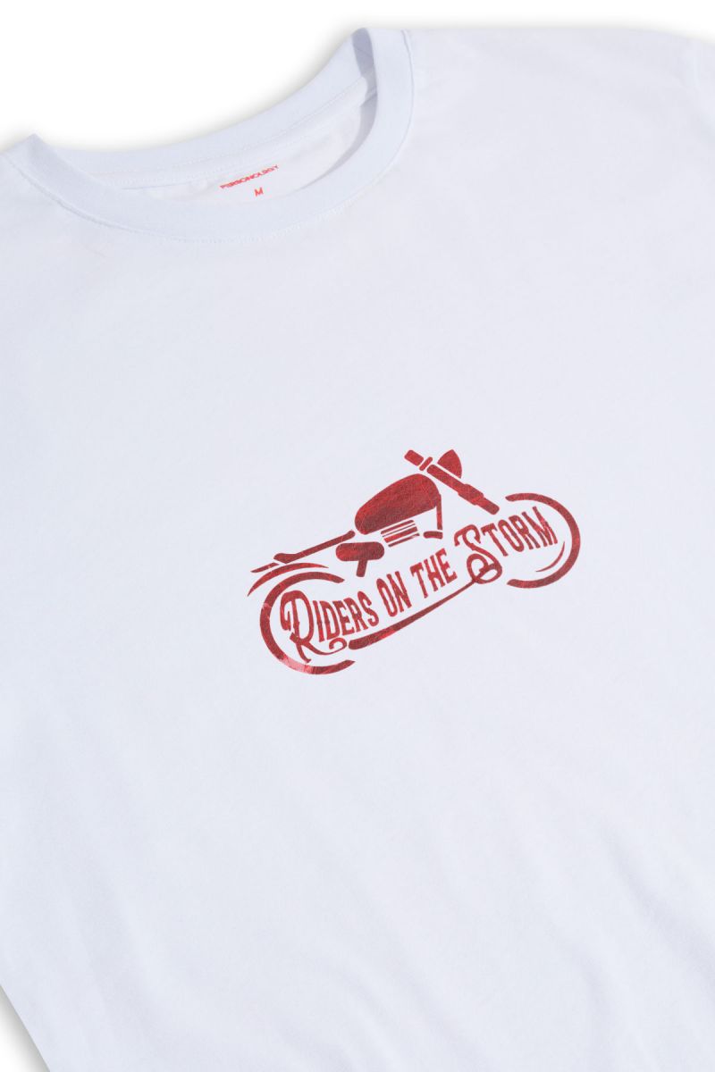 White Soft Fabric Riders on the storm Design Short Sleeve Tee