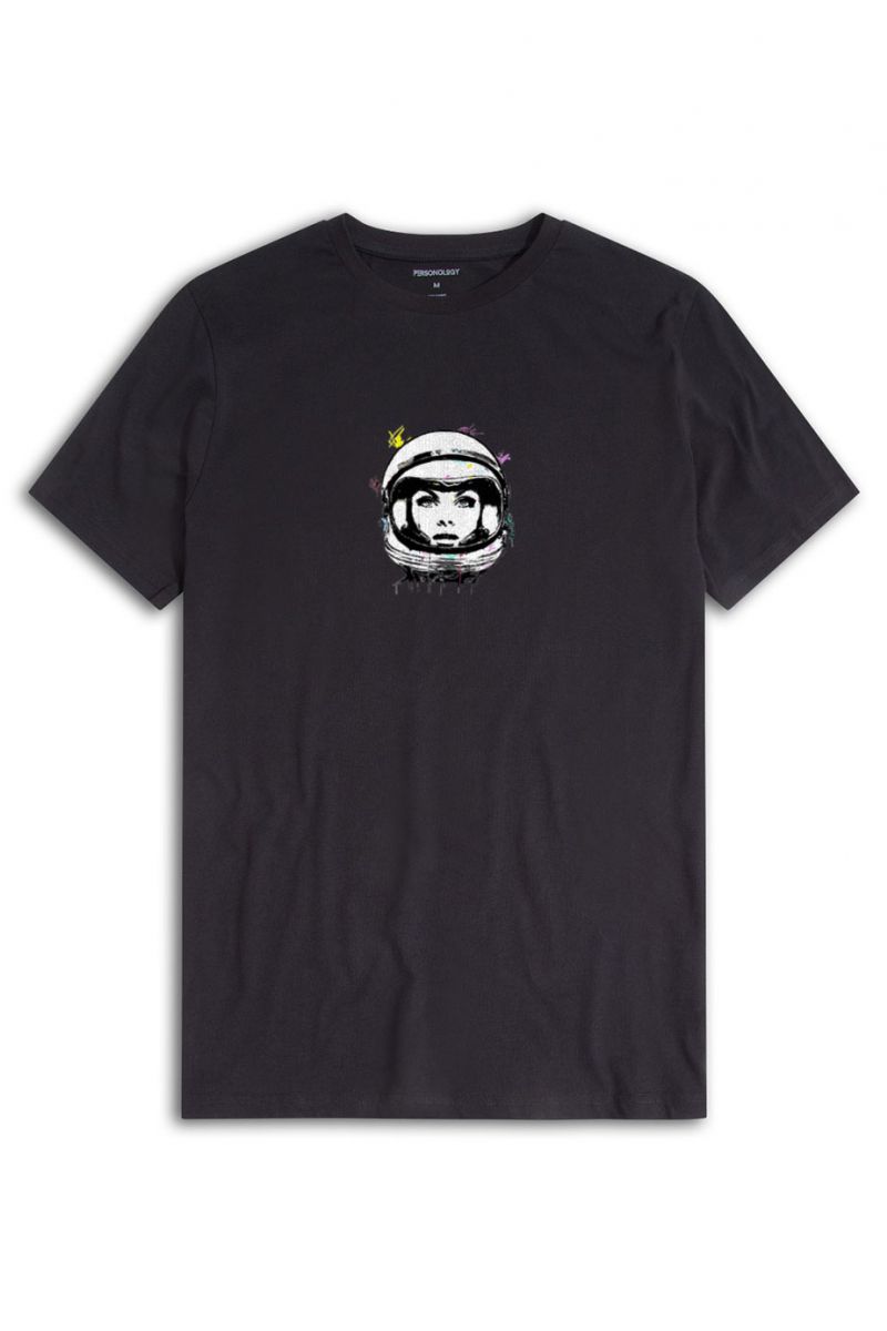 Black Soft Fabric Space Design Short Sleeve Tee