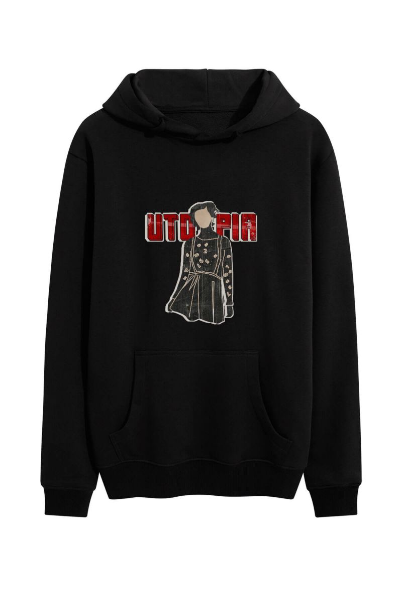 Black Premium Cotton Utopia Design Pullover Hoodie