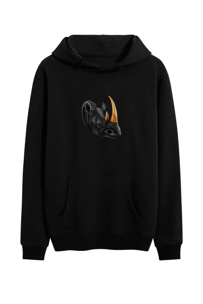 Black Premium Cotton Personologist Rhino  Design Pullover Hoodie