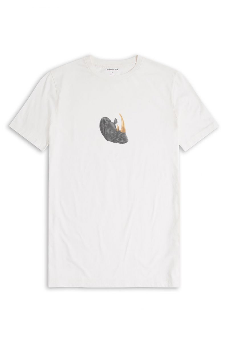 Off White Soft Fabric Personologist Rhino Design Short Sleeve Tee