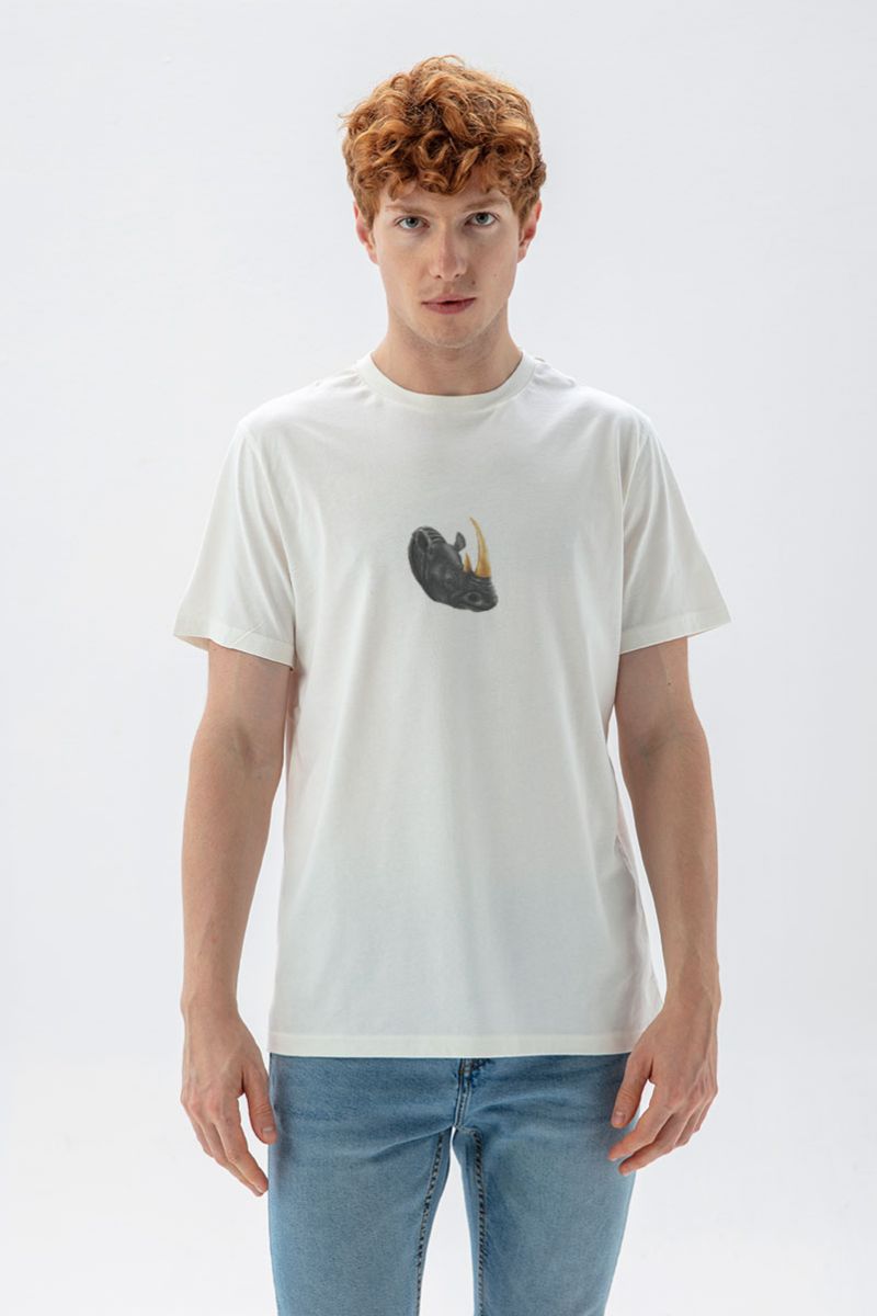 Off White Soft Fabric Personologist Rhino Design Short Sleeve Tee