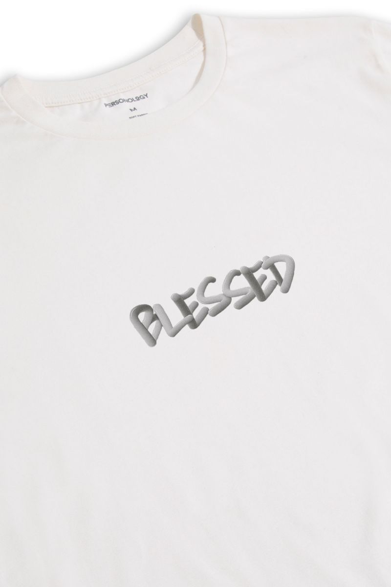 Off White Soft Fabric Blessed Design Short Sleeve Tee