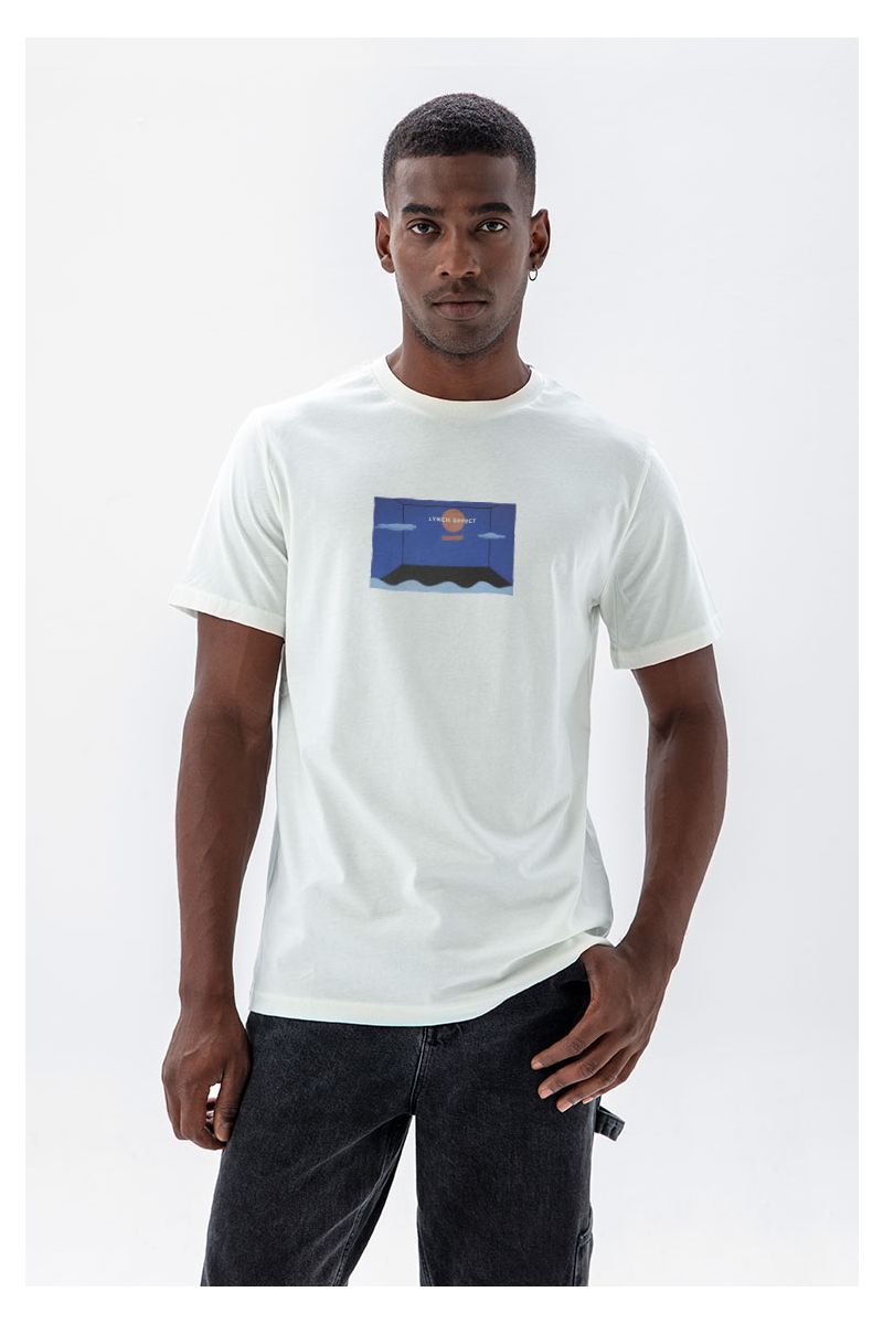 Off White Soft Fabric Lynch Effect Design Short Sleeve Tee