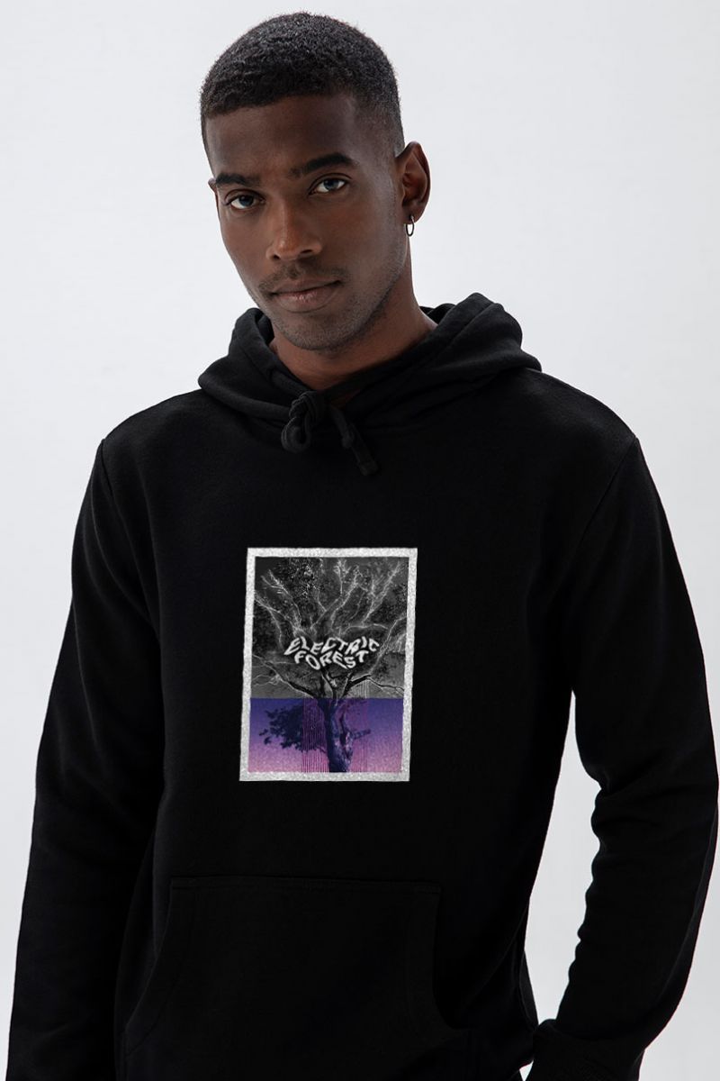 Black Premium Cotton Electric Forest Design Pullover Hoodie