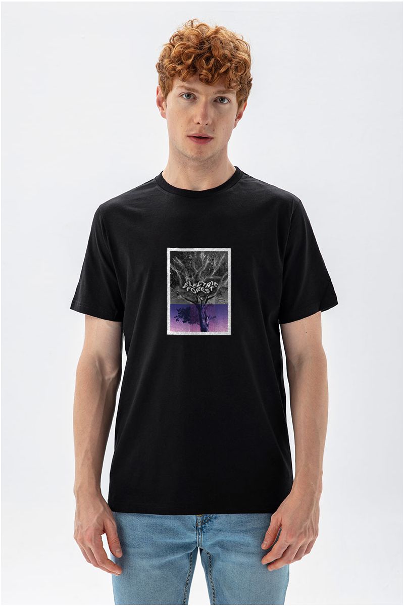 Black Soft Fabric Electric Forest Design Short Sleeve Tee