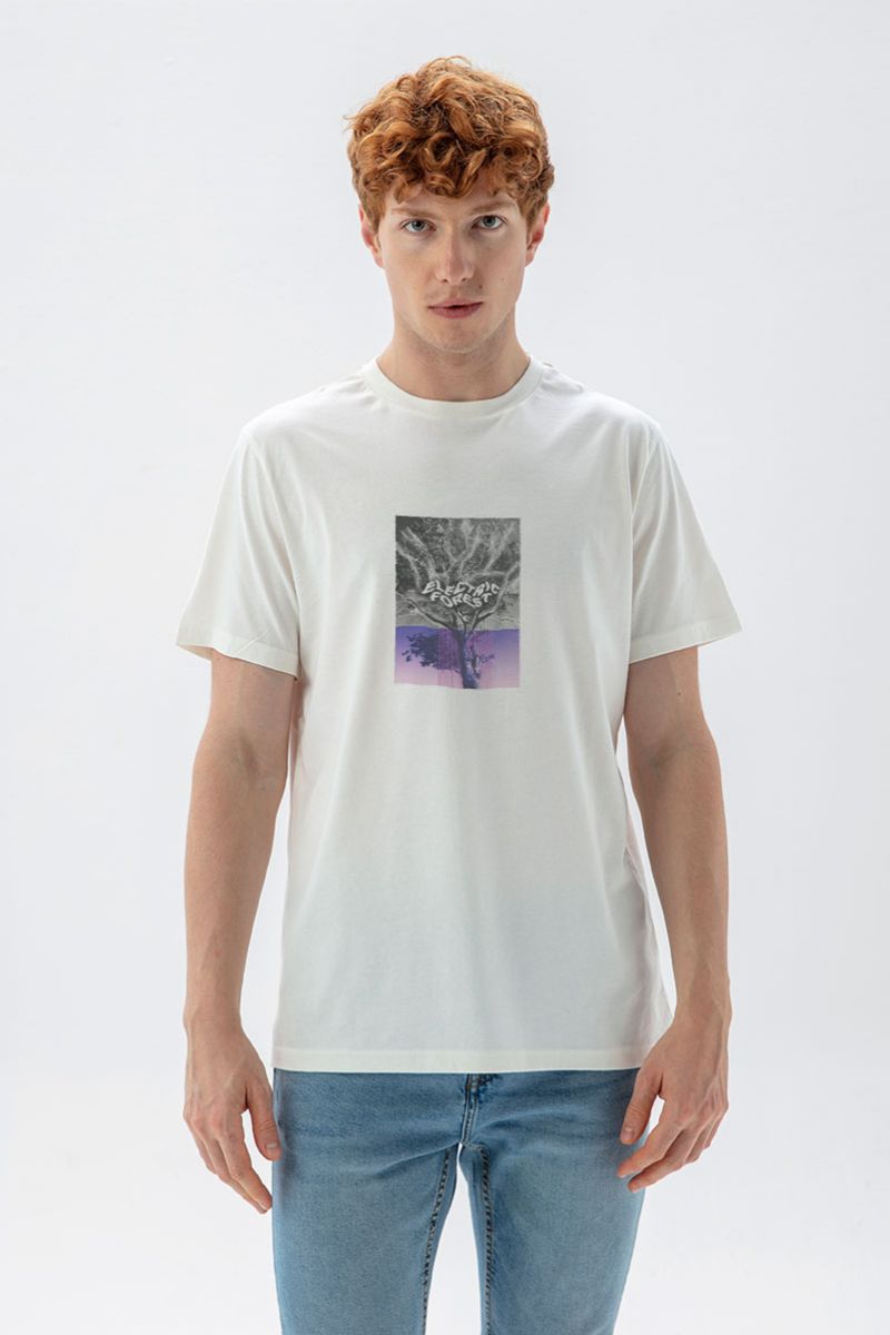 Off White Soft Fabric Electric Forest Design Short Sleeve Tee